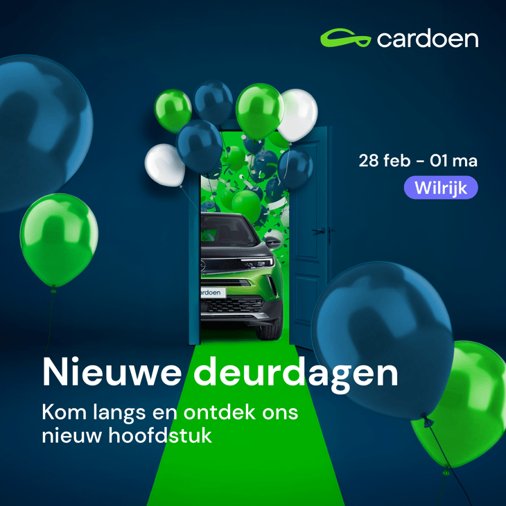 Nieuwe deurdagen bij Cardoen Antwerpen, auto met confetti en ballonnen